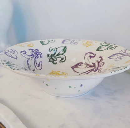 The Royal Standard Watercolor Fleur de Lis Serving Bowl in Mardi Gras Colors