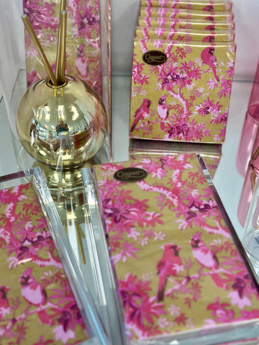 Caspari Cocktail Napkins - Scenic Songbirds Rose and Gold