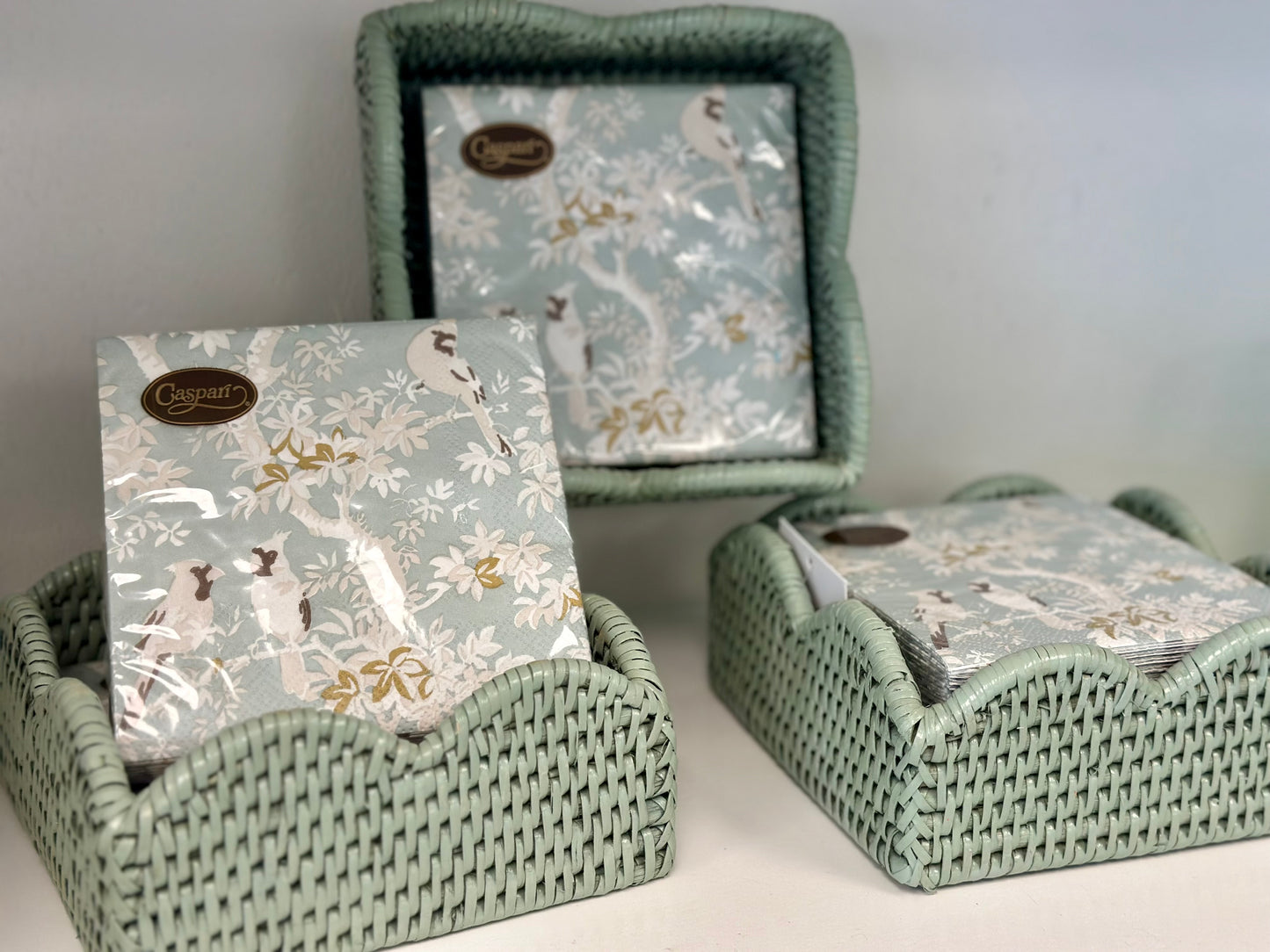 Caspari Cocktail Napkins - Scenic Songbirds Celadon