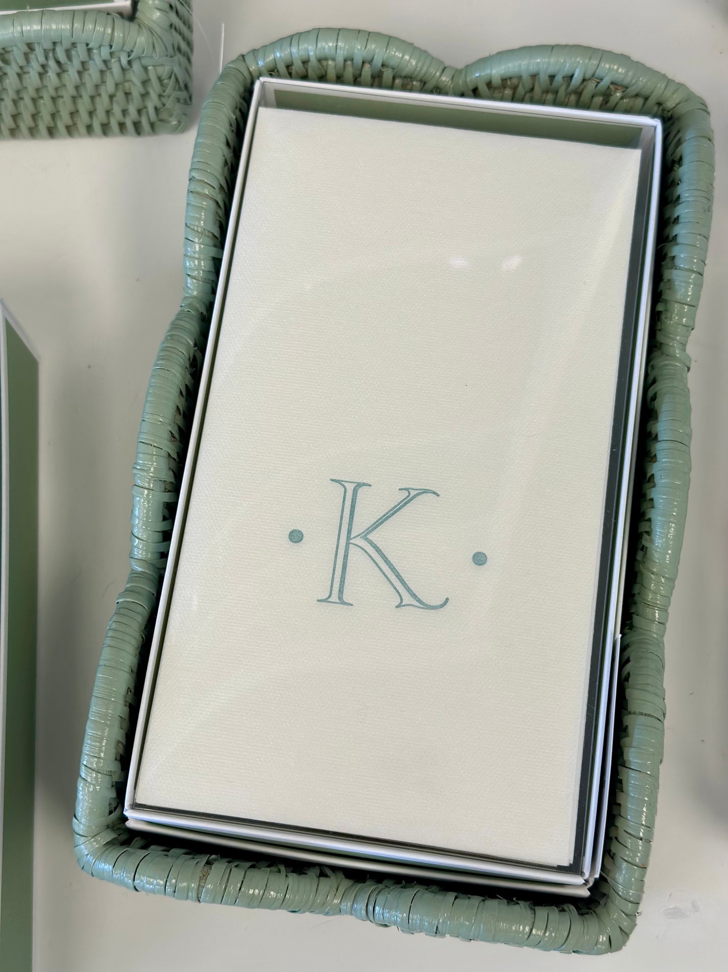 Caspari Antique Robin's Egg Single Initial Guest Towel Napkins - 24 Paper Linen Per Box - K Monogram