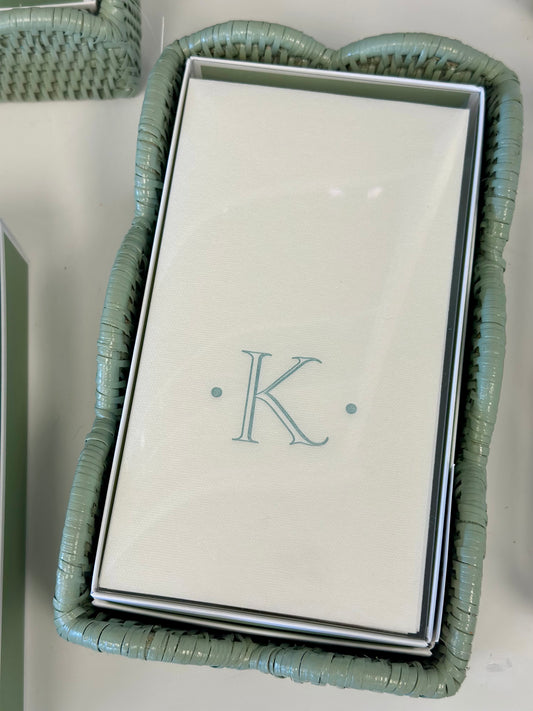 Caspari Antique Robin's Egg Single Initial Guest Towel Napkins - 24 Paper Linen Per Box - K Monogram