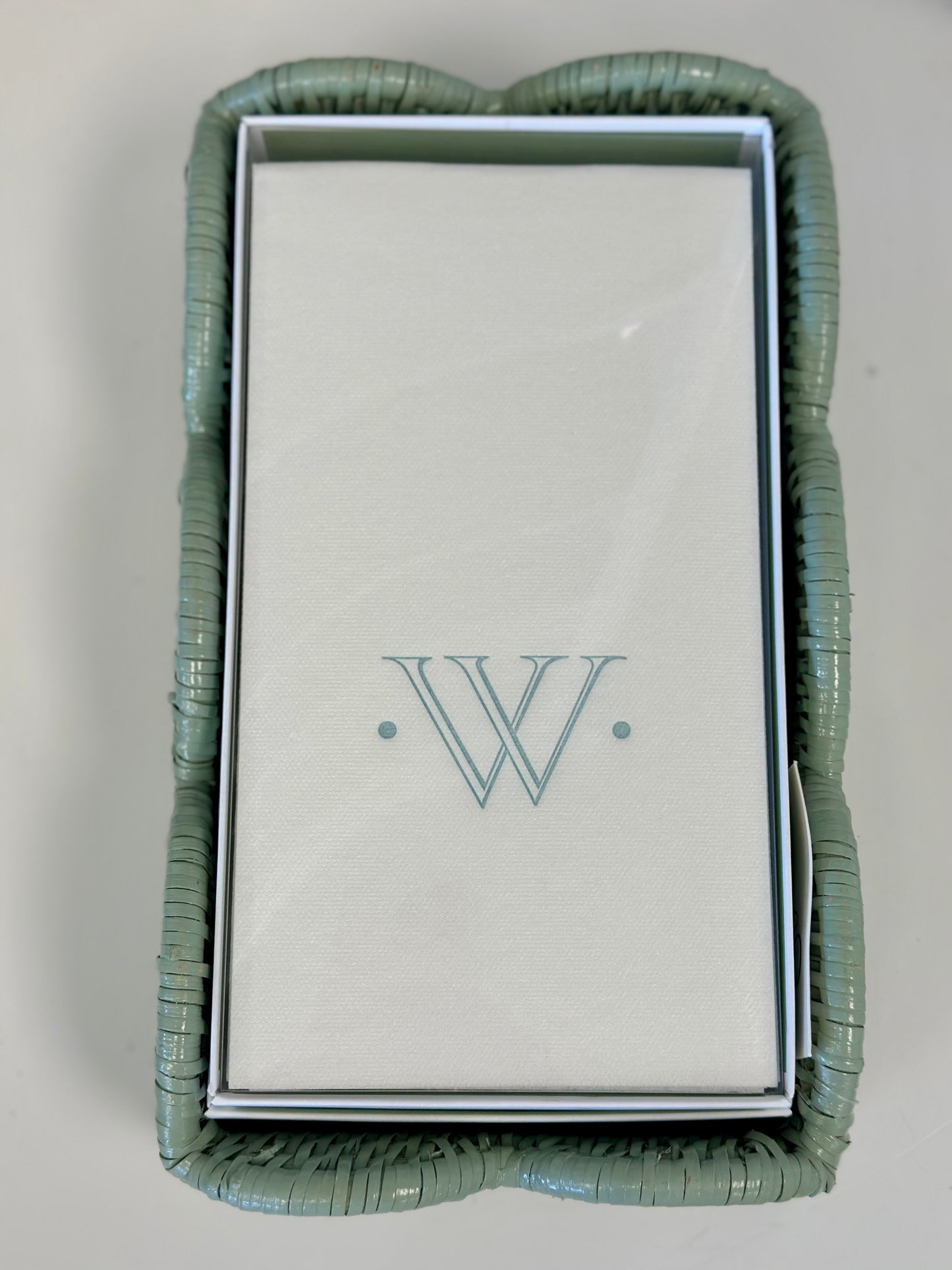 Caspari Antique Robin's Egg Single Initial Guest Towel Napkins - 24 Paper Linen Per Box - W Monogram