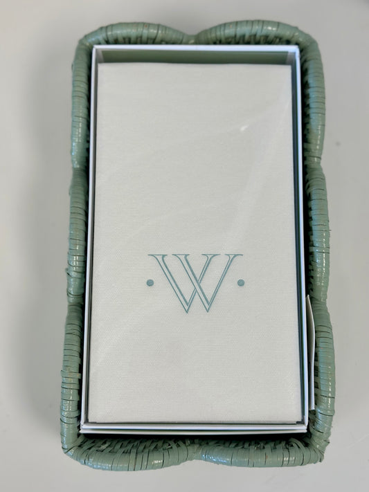 Caspari Antique Robin's Egg Single Initial Guest Towel Napkins - 24 Paper Linen Per Box - W Monogram