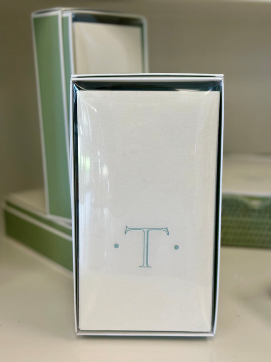 Caspari Antique Robin's Egg Single Initial Guest Towel Napkins - 24 Paper Linen Per Box - T Monogram