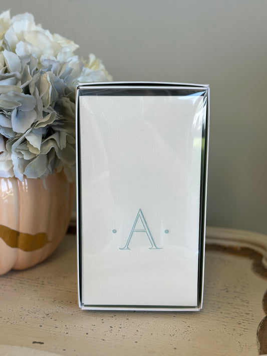 Caspari Antique Robin's Egg Single Initial Guest Towel Napkins - 24 Paper Linen Per Box - A Monogram