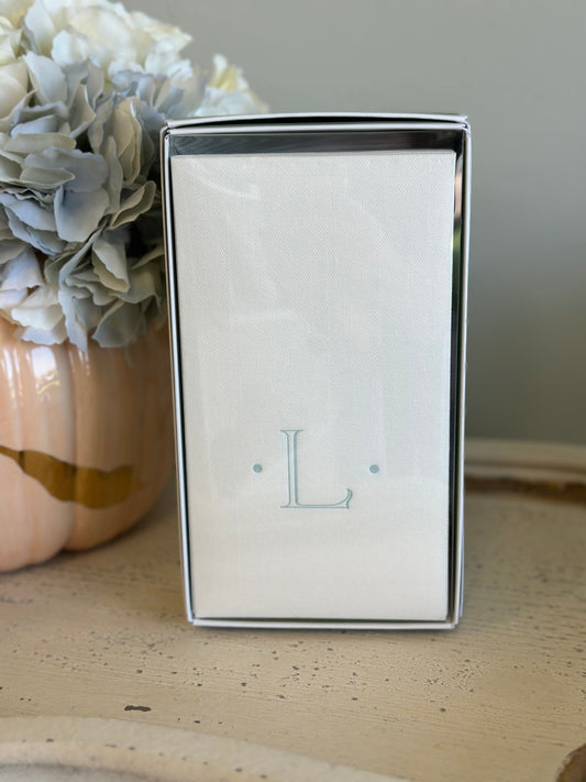 Caspari Antique Robin's Egg Single Initial Guest Towel Napkins - 24 Paper Linen Per Box - L Monogram