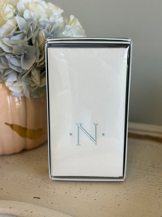 Caspari Antique Robin's Egg Single Initial Guest Towel Napkins - 24 Paper Linen Per Box - N Monogram