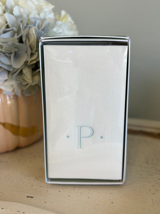 Caspari Antique Robin's Egg Single Initial Guest Towel Napkins - 24 Paper Linen Per Box - P Monogram