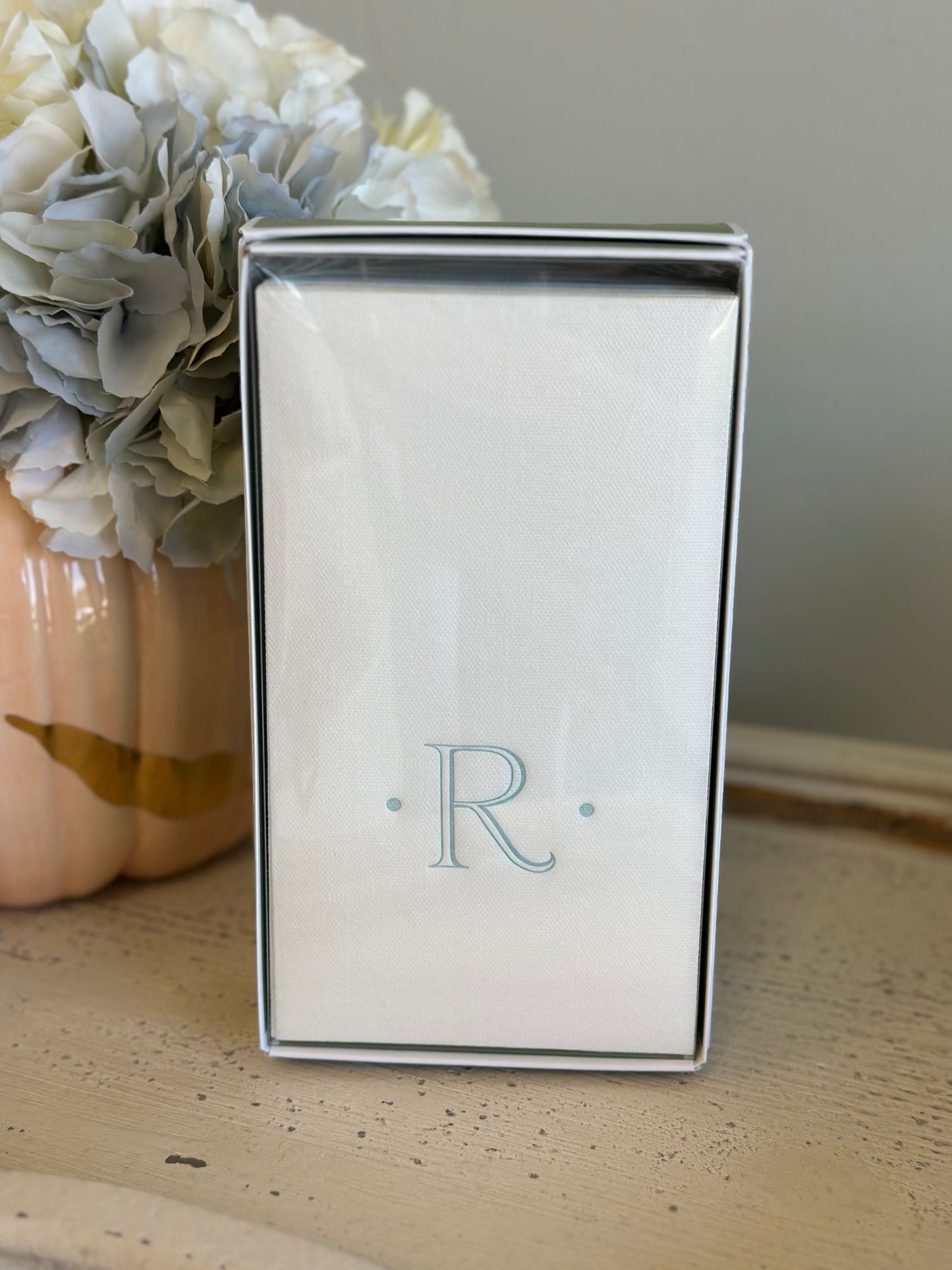 Caspari Antique Robin's Egg Single Initial Guest Towel Napkins - 24 Paper Linen Per Box - R Monogram