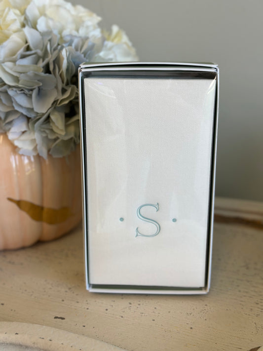 Caspari Antique Robin's Egg Single Initial Guest Towel Napkins - 24 Paper Linen Per Box - S Monogram