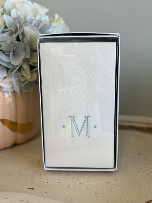 Caspari Antique Robin's Egg Single Initial Guest Towel Napkins - 24 Paper Linen Per Box - M Monogram
